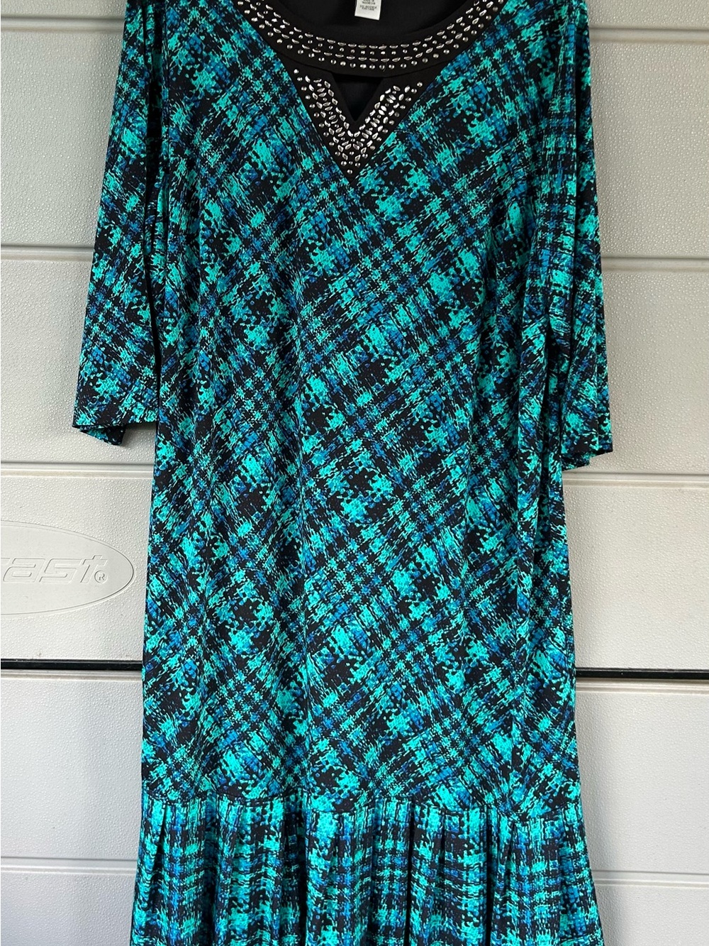 Catherines Teal and Black Plaid 3/4 Sleeve Dress with Embellished V-Neck